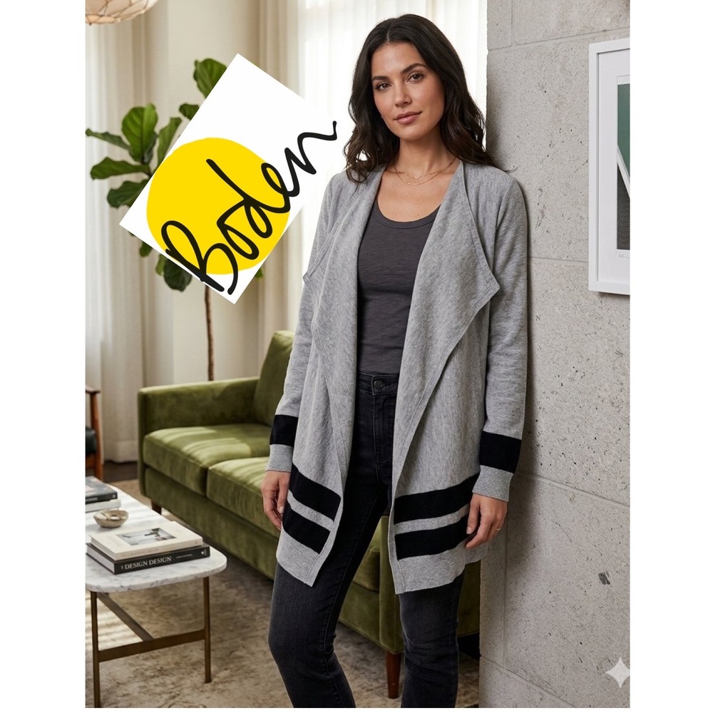 Boden Grey Navy Blue Striped 100% Wool Waterfall Open Front Cardigan Sweater M